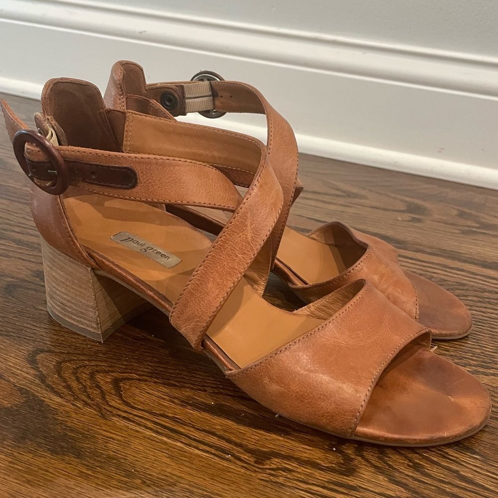 PAUL GREEN Brown Leather Buckle Stacked Block Heel Sandals